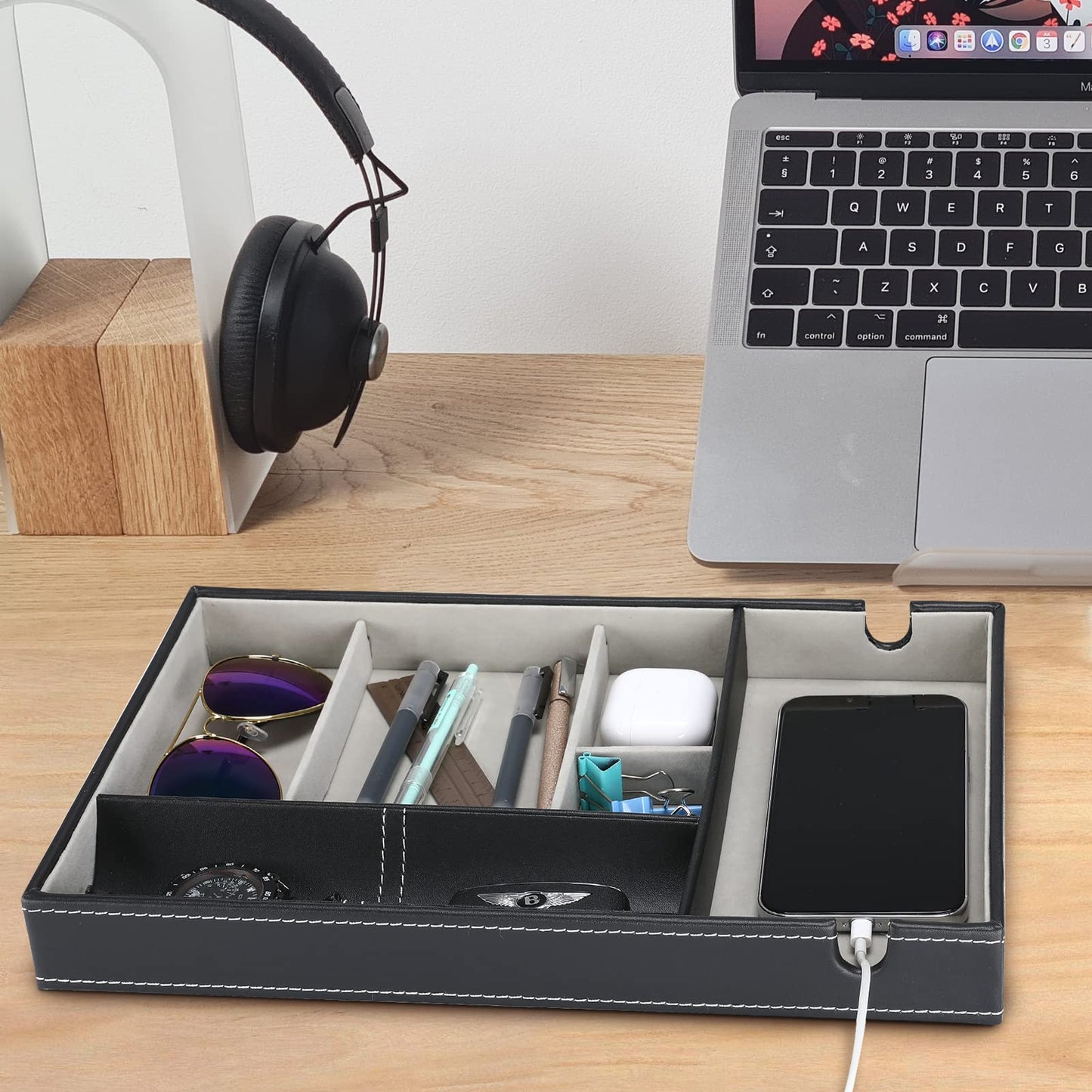 ProCase 1 Layer Valet Tray for Men, PU Leather Nightstand Organizer with Charging Slot for Bedside Table Desk Top -Black