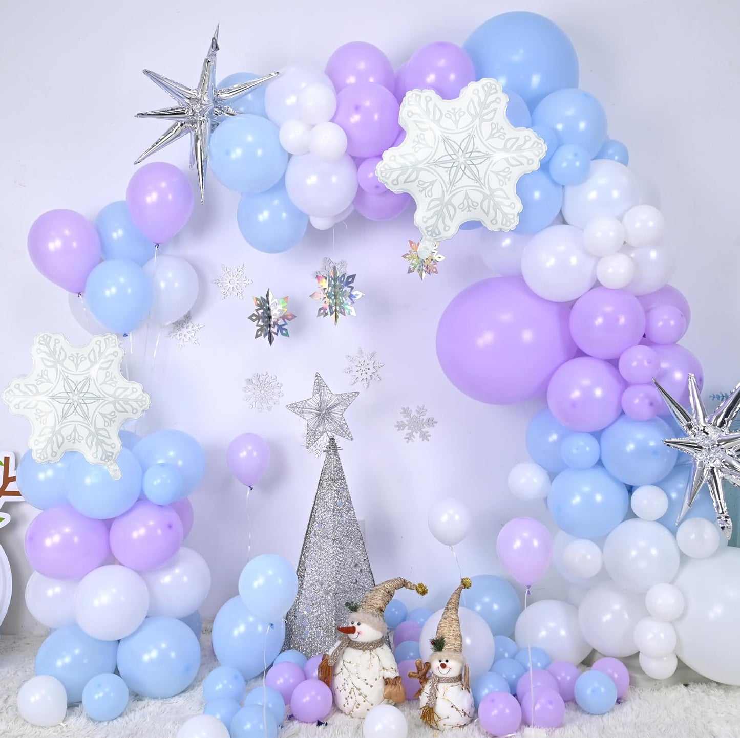 Winter Wonderland Balloon Arch Garland Kit, Baby Blue Purple Balloons with Spike Star Snowflake Foil Balloons for Ice Wonderland Christmas Baby Shower Snow Princess Birthday Party Decorations Supplies