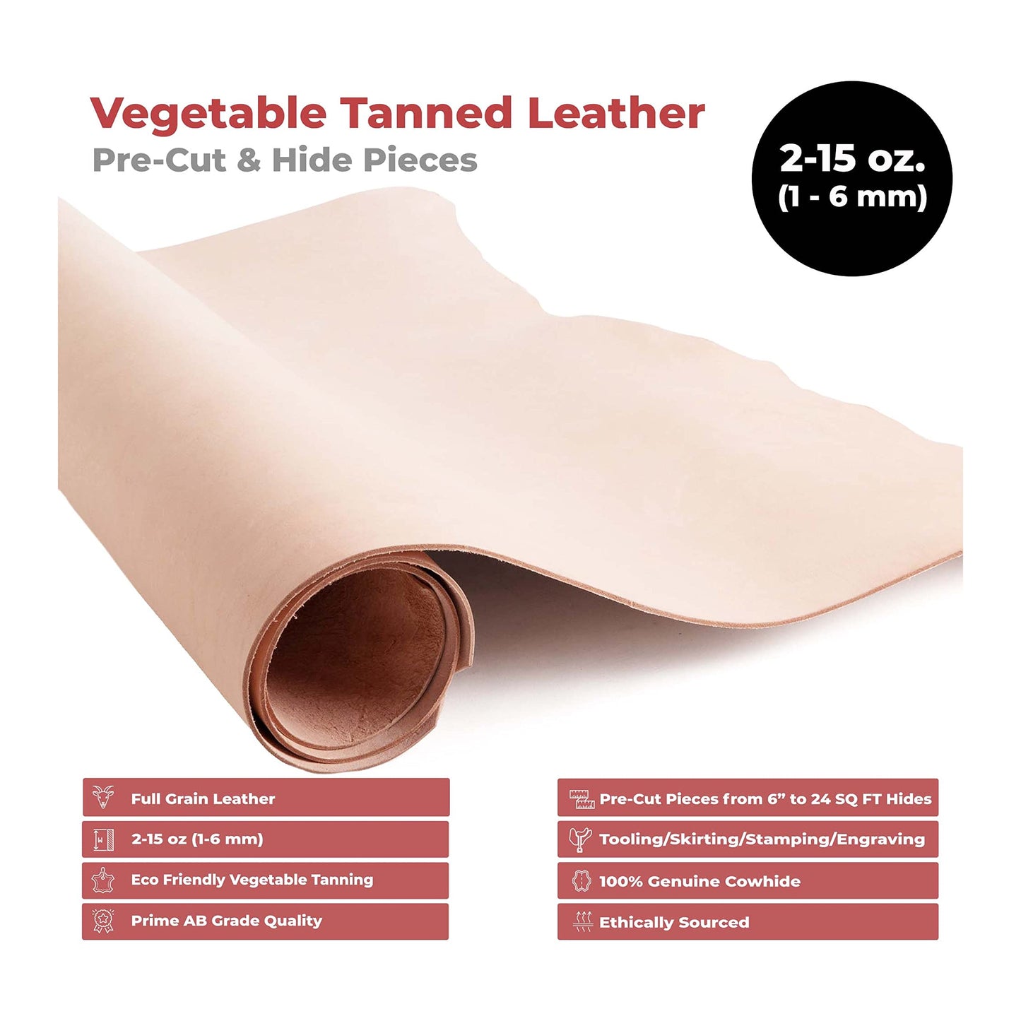 ELW 3-4 oz (1.2-1.6mm) Thickness Weight 10"x24" Vegetable Tanned Leather Cowhide Grade AB Full Grain Leather for Tooling, Carving, Engraving, Molding, Embossing, Stamping, & Dyeing