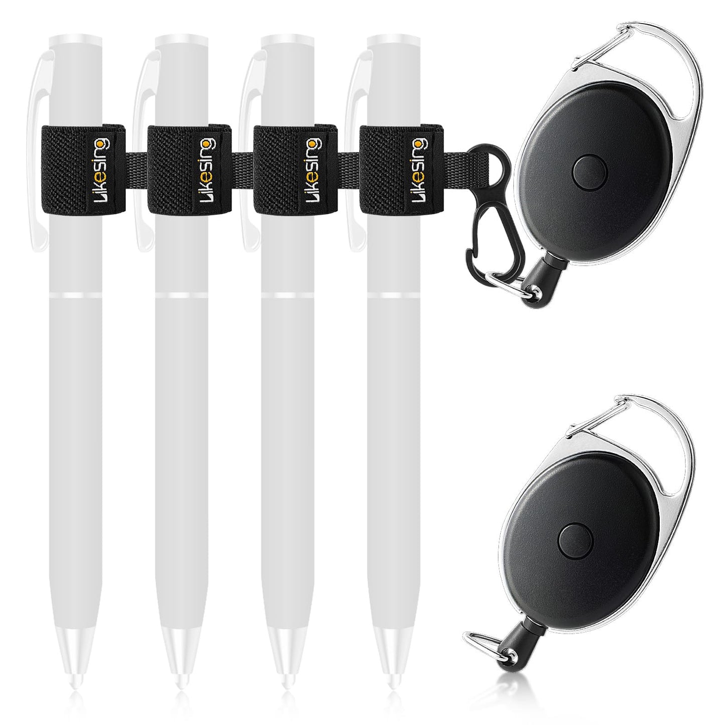 Likesing 4 Black Retractable Pen Holder, 27.5" Reel Elastic Pen Leash Retractable Pencil Holder with 2 Belt Clip for Nurses, Teachers, Waitres, Carpenters, Construction Workers(Black)