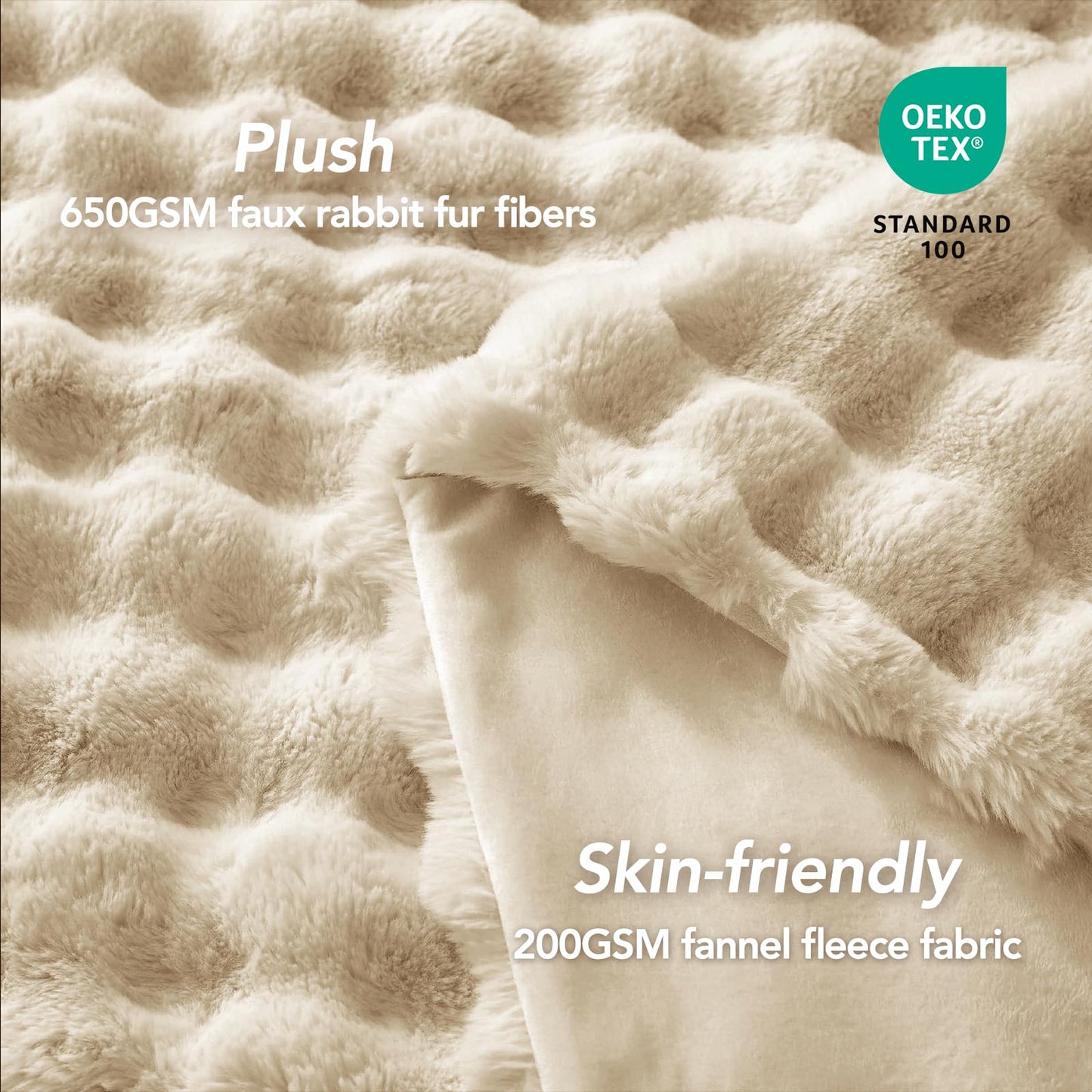 L'AGRATY Faux Rabbit Fur Blanket: 50" x 60" Luxury Soft Fluffy Thick Fur Throw Blanket for Couch Bed Sofa - Cozy Plush Bubble Blankets for Winter: Warm Flannel Fleece Decorative Blanket(Almond White)