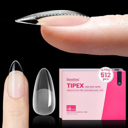 Beetles Tipex Gel Nail Kit, Medium Almond Nail Tips 224 Pcs 16 Sizes Pre-Building Pre-Etched Thick Acrylic Tips with Tipex Glue, Mini Lamp