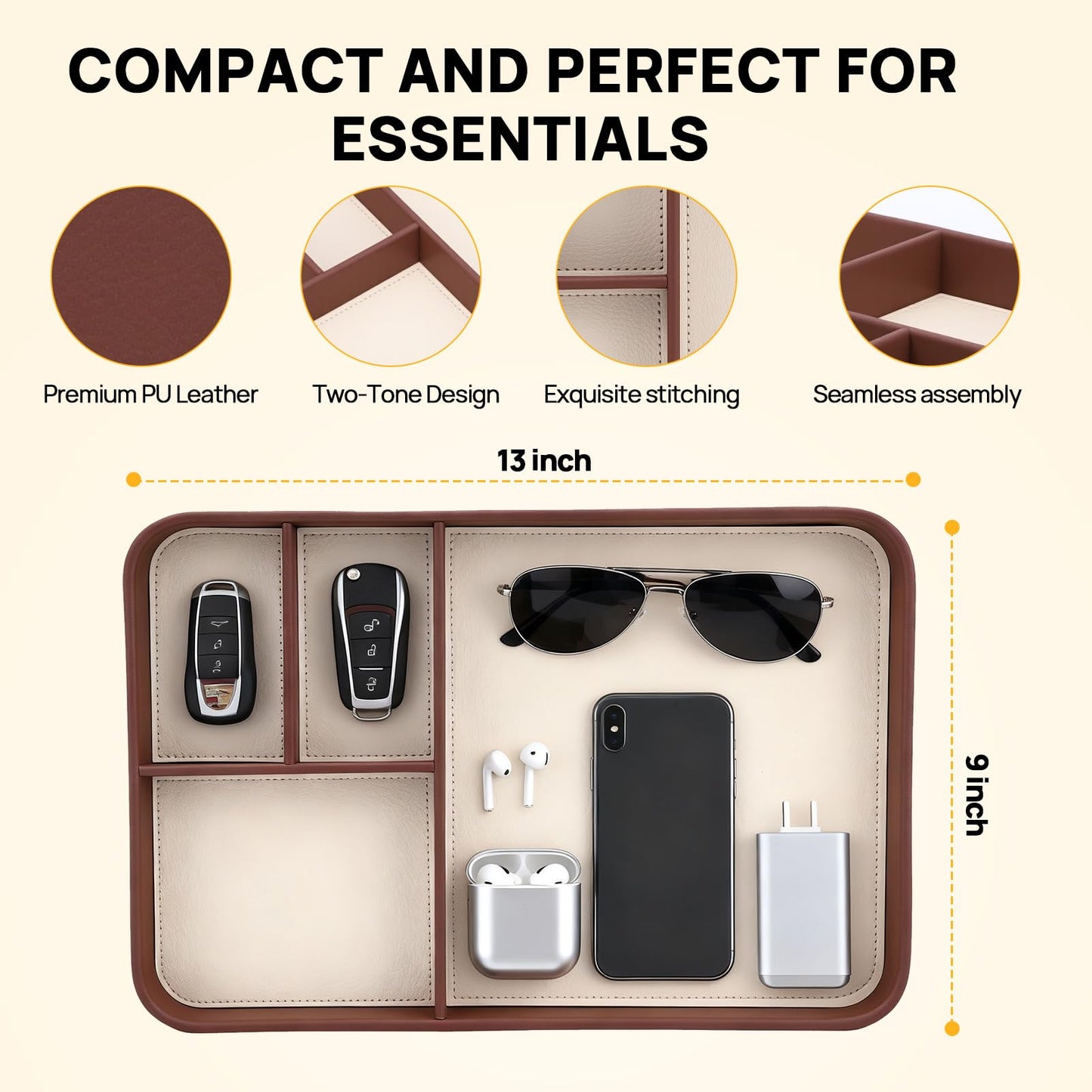 exsulity Leather Valet Tray, Stylish and Organized Multifunctional Tray, Nightstand & Desk Organizer, EDC Catchall for Keys Watch Jewelry Bedside Table Organizer