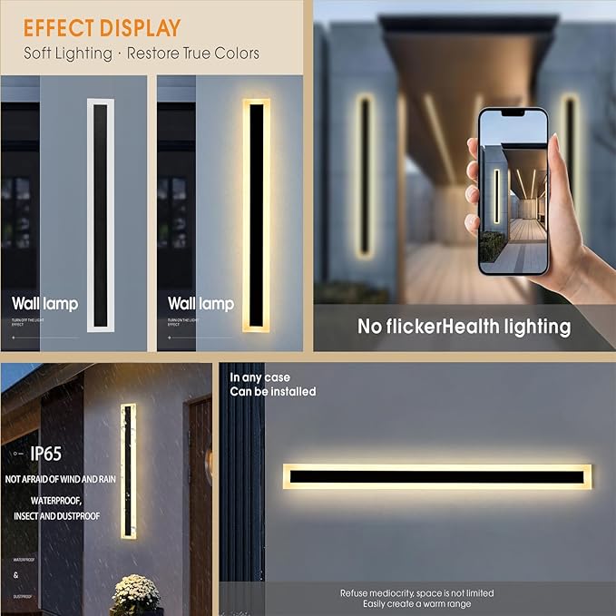 2Pack-71INCH Long Outdoor LED Wall Lights,55W Waterproof IP65 Warm White 120V LED Wall Mount Light Fixture Acrylic Black Exterior Wall Lights for House Courtyard Balcony Porch