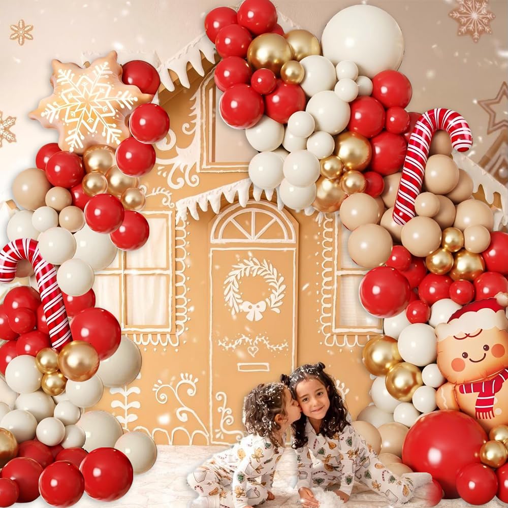 135Pcs Christmas Balloon Garland Arch Kit, Red White Metallic Gold Latex Balloons with Gingerbread Candy Cane Snowflake Foil Balloons for Christmas New Year Winter Holiday Birthday Party Decorations