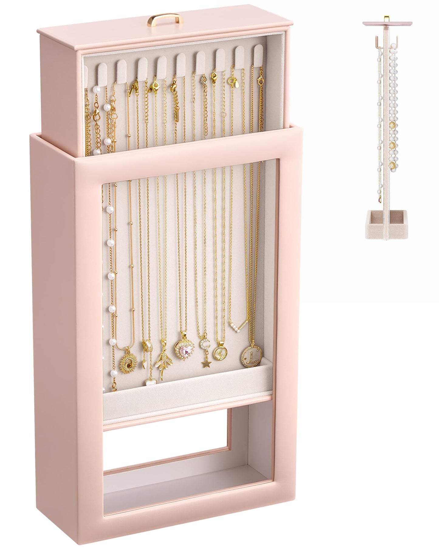 Lolalet Upgraded Double-Sided Hanging Necklace Organizer Box, Jewelry Display Case with Double-Sided Clear Window for Necklaces Bracelets, Tangle-Free Necklace Storage Box, Pink, 1-Layer 20 Hooks