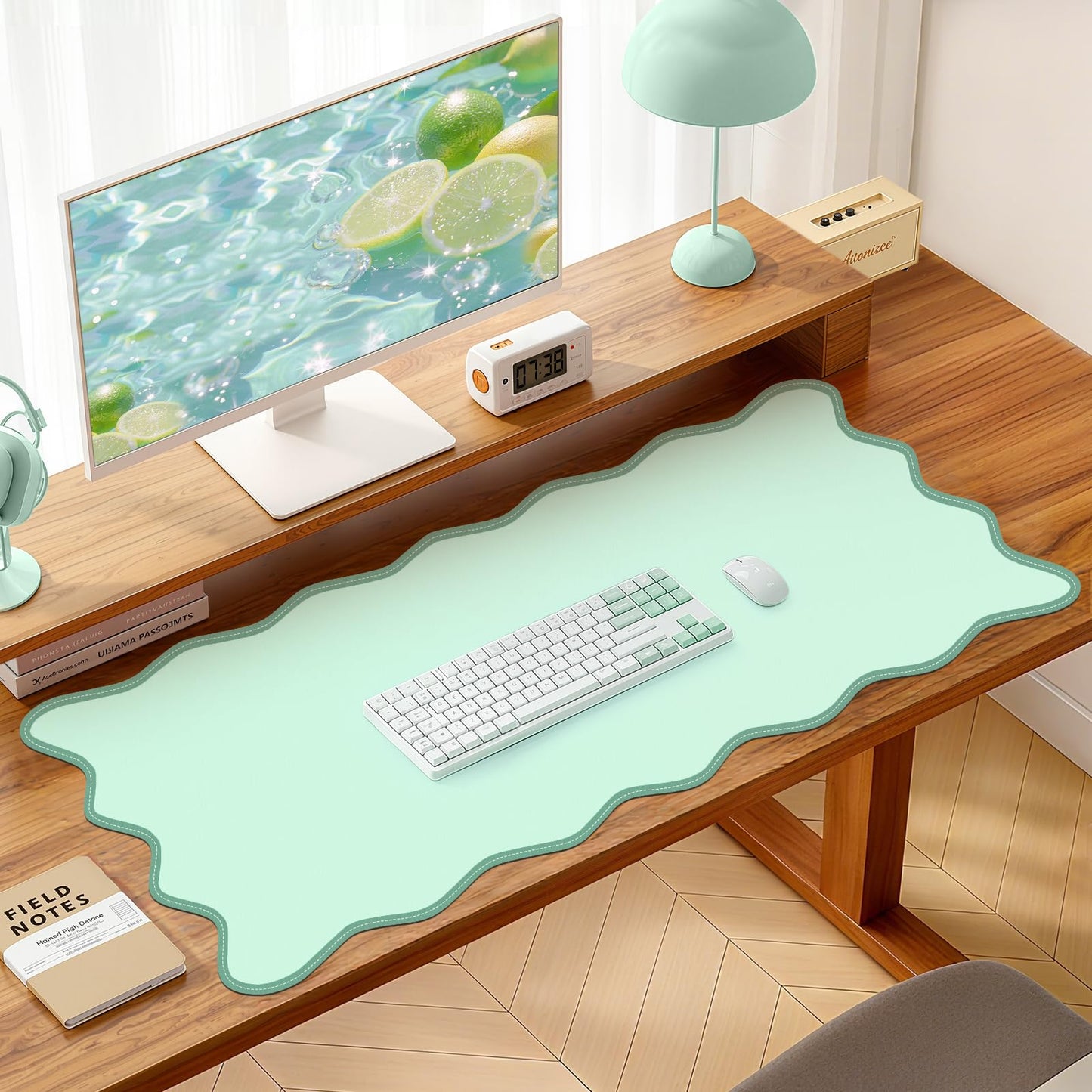 NXZGO Leather Desk Mat, XXL Large 31.4x15.7in Scalloped Gaming Mouse pad，Non-Slip Rubber Base Keyboard Pad Mousepad for Laptop Computer Game Home Office，Waterproof and Oilproof Desktop Mat I Gray