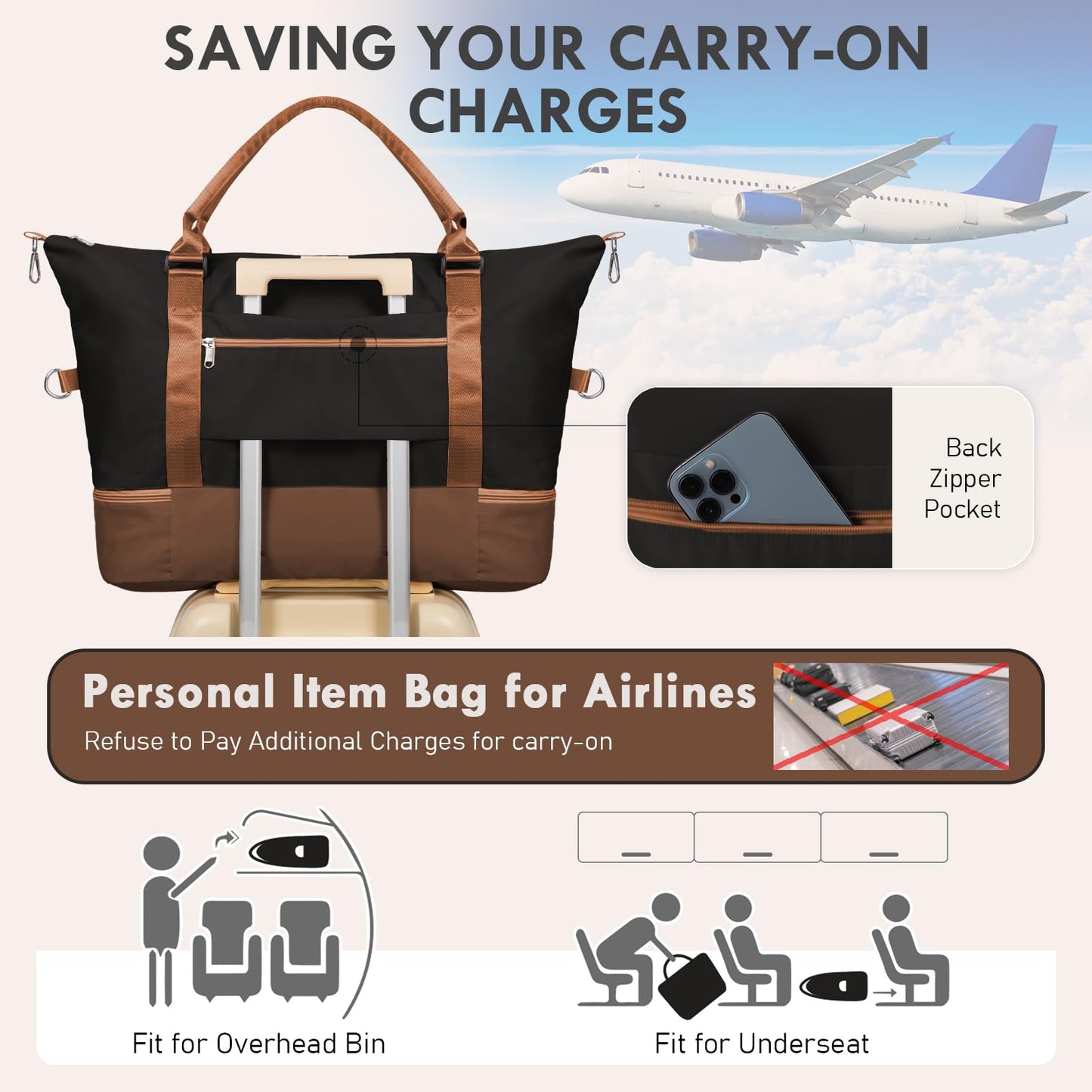 WOOMADA Weekender Overnight Bag for Women, Carry on Shoulder Travel Duffel with Shoes Compartment,Gym Bag with Toiletry Bag(black&coffee&brown)