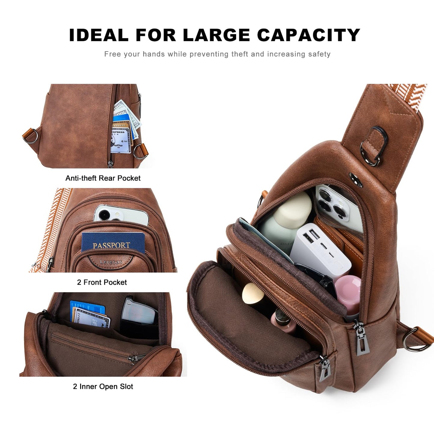 Leresas 10L Crossbody Sling Bag for Women Men Anti Theft Cross Body Fanny Pack Belt Bag Purse Gifts for Women Faux Leather, Brown