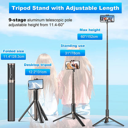 TONEOF 68" Magnetic Selfie Stick Tripod with Aluminum Strong Magnetic Holder for Magsafe, 360° Rotatable Travel Phone Tripod Stand with Metal Ring & Rechargeable Remote for iPhone/Android(Beige Gray)