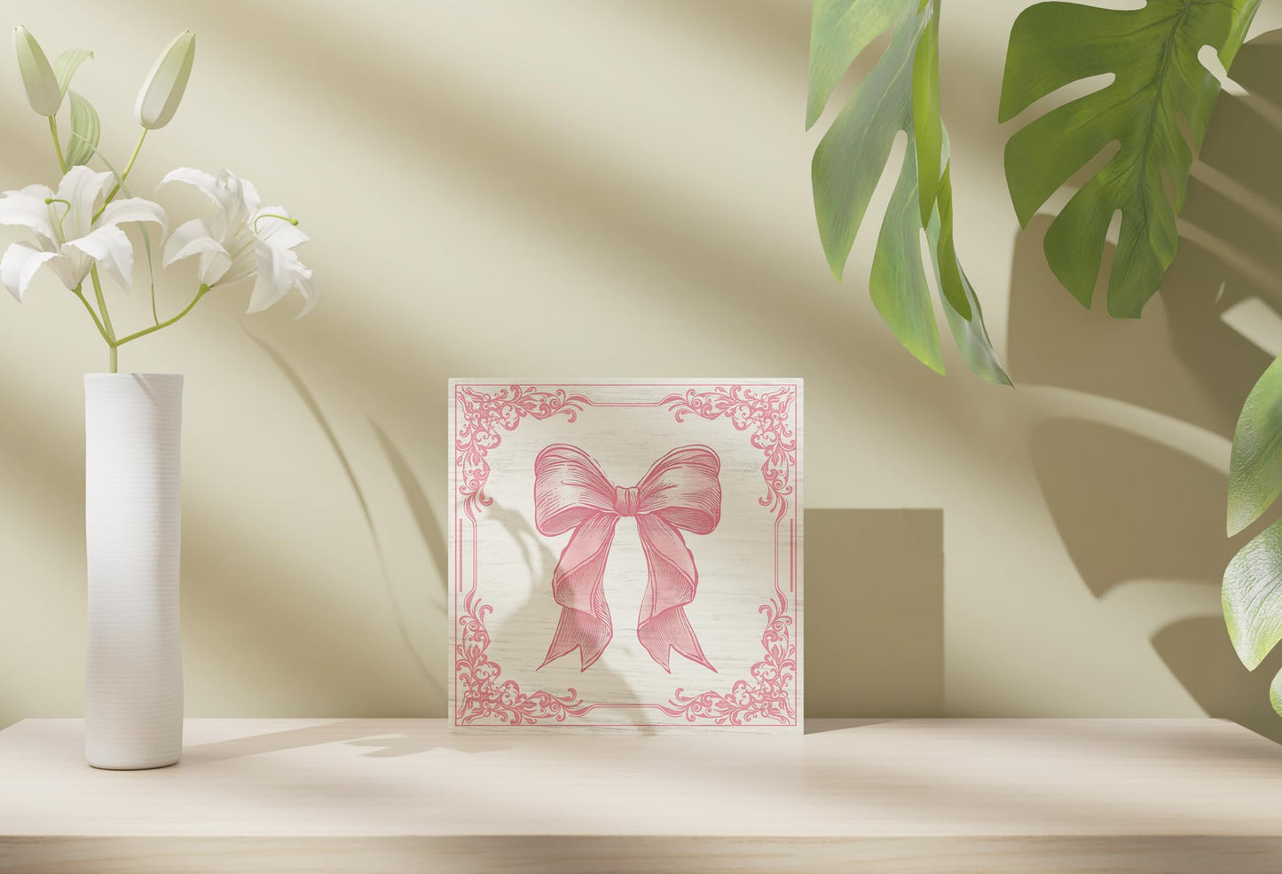 ULEGIE Pink Bow Coquette Wooden Box Sign, Coquette Room Decor, Dorm Room Essentials for Girls, Girly Ribbon Bow for Girls Room Dorm College Bedroom Desk Shelf Tabletop Decoration 5 x 5 Inch