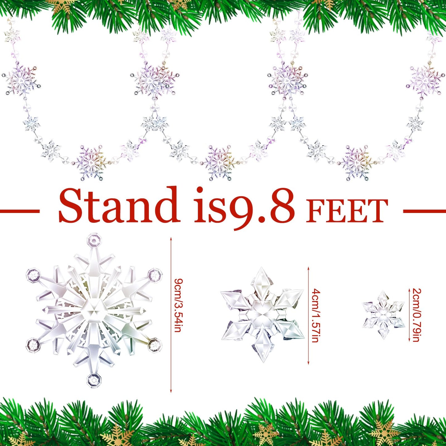 Gerrii 19.6 Feet Christmas Snowflake Tree Garland Acrylic Snow Flake Garland Iridescent Christmas Ornaments 2 Pcs Hanging Crystal Wreath for Xmas Tree Mantel Curtains, 9.8 Ft/Each