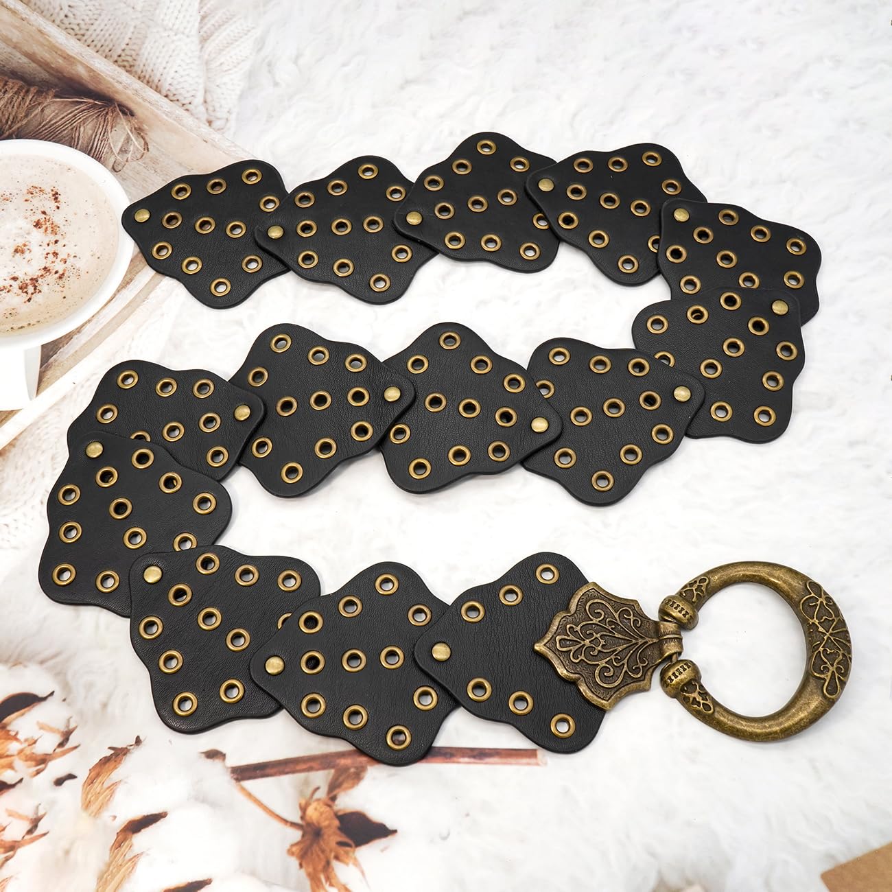 Liutufy Wide Disc Belt for Women Vintage Hollow Boho Leather Belt Western Chunky Waist Belt Cowboy Metal Buckle Concho Belts (Leaf Black A-S)
