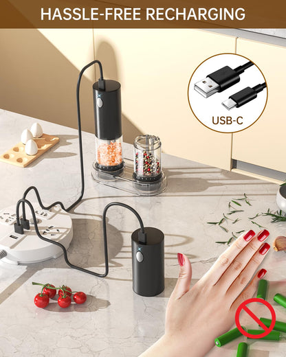 CIRCLE JOY Electric Salt and Pepper Grinder Set Rechargeable Salt and Pepper Mills with 6-Level External Adjustable Coarseness, White LED Light and Storage Base, Black
