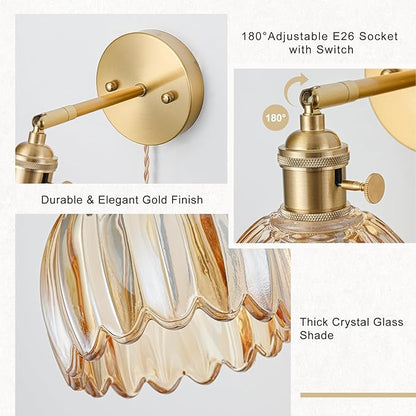 Plug in Wall Sconces Set of 2, Vintage Wall Sconce Light with Tulip Amber Glass Lampshade, 180° Adjustable Wall Sconce with Switch and Plug in Wall Lamp Cord, Gold Wall Light Decor Set of 2