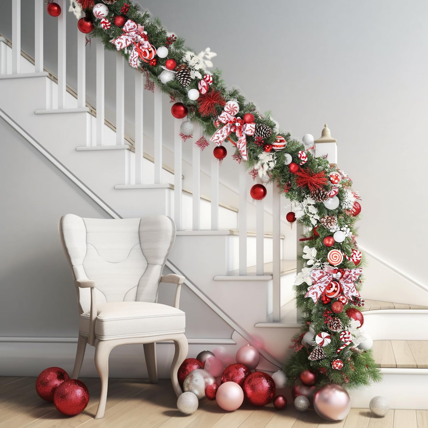 WBHome Pre-lit 9 Feet/106 Inch Christmas Garland Candy Shop Red & White Themed with 50 LED Lights Holiday Decorations, Battery Operated (Batteries NOT Included)