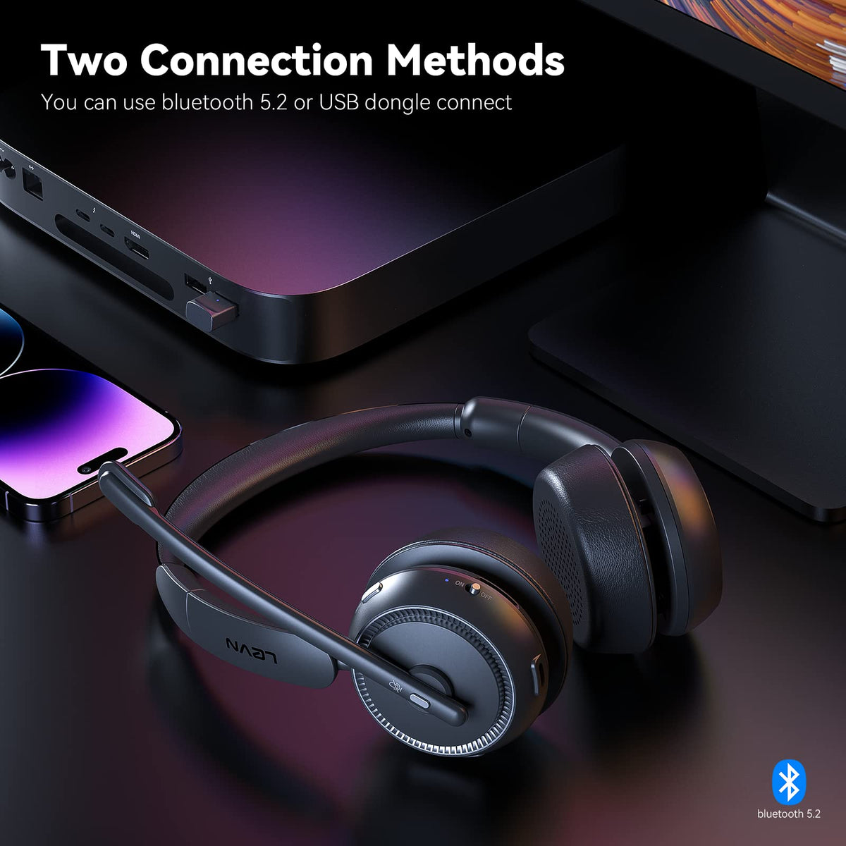 LEVN Wireless Headset with Mic for Work, Bluetooth Headset with Microphone (Noise Cancelling), 65 Hrs Working Time 2.4G Wireless Headphones with Mic for Work/Call Center/PC/Computer/Laptop/Teams/Zoom