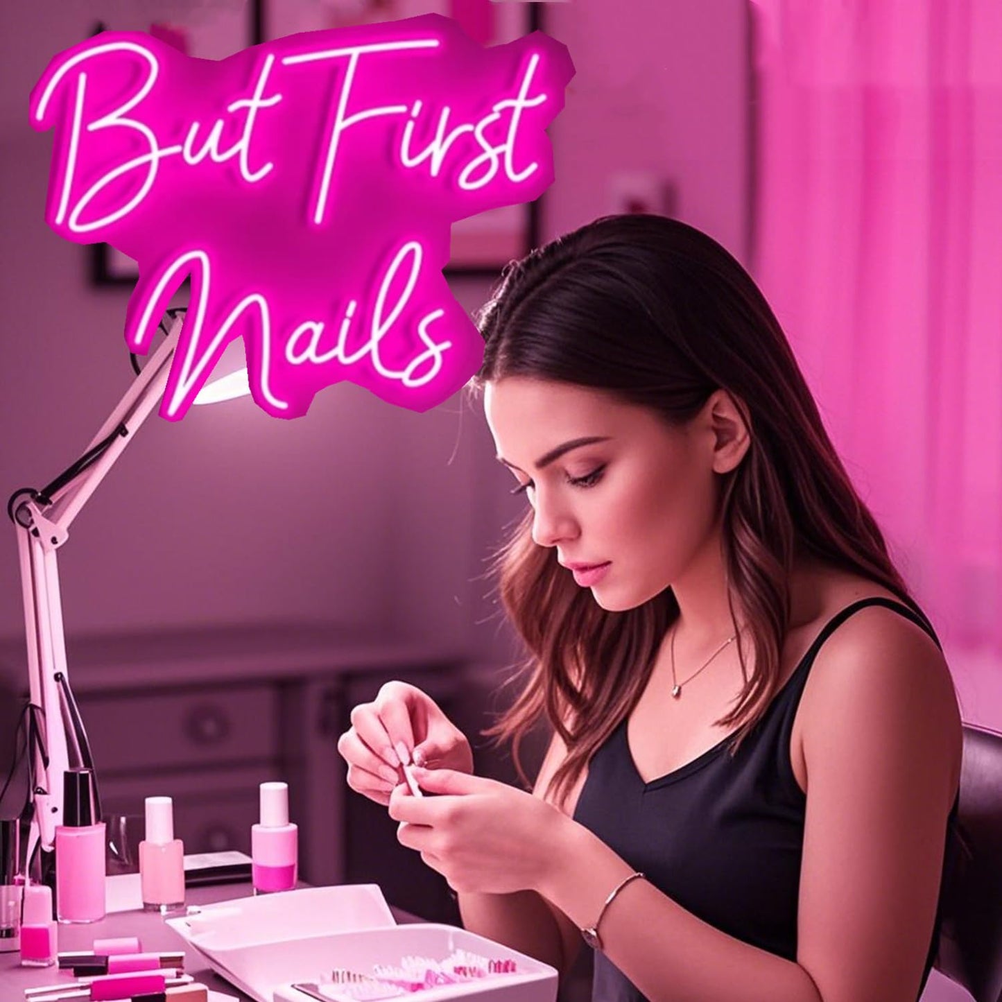 But First Nails Neon Sign for Wall Decor, LED Beauty Room Salon Pink Nail Tech Decor Neon Signs Aesthetic Light Door Decorations, Girls Neon Signs Accessories Gift,5V USB Powered,Dimmable Switch