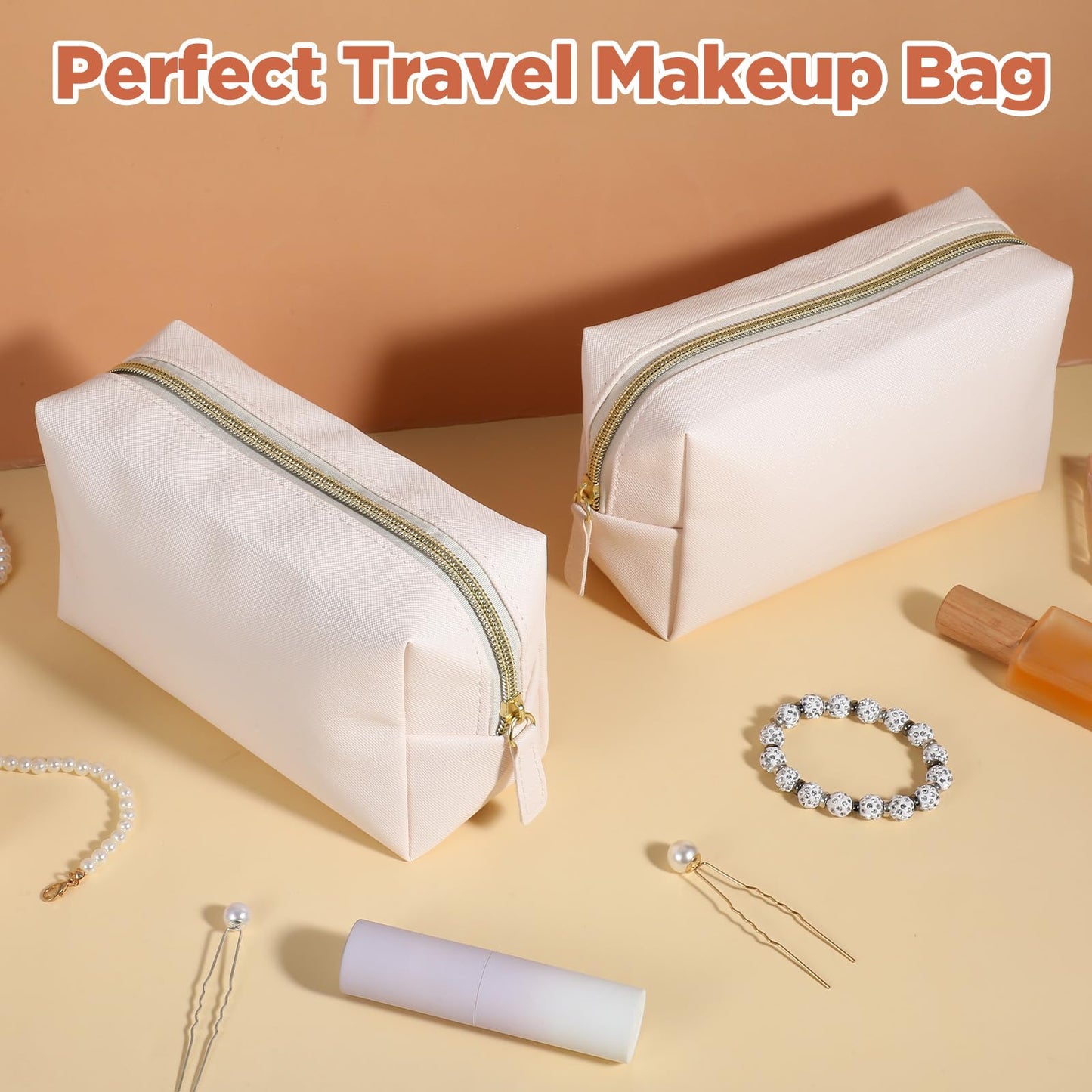 8 Pcs Makeup Bag Pu Leather Cosmetic Pouch Waterproof Small Toiletry Bag Portable Cosmetic Organizer Water Resistant Storage Purse for Lady Women Daily Storage Travel Organizer (Beige,Medium) ﻿