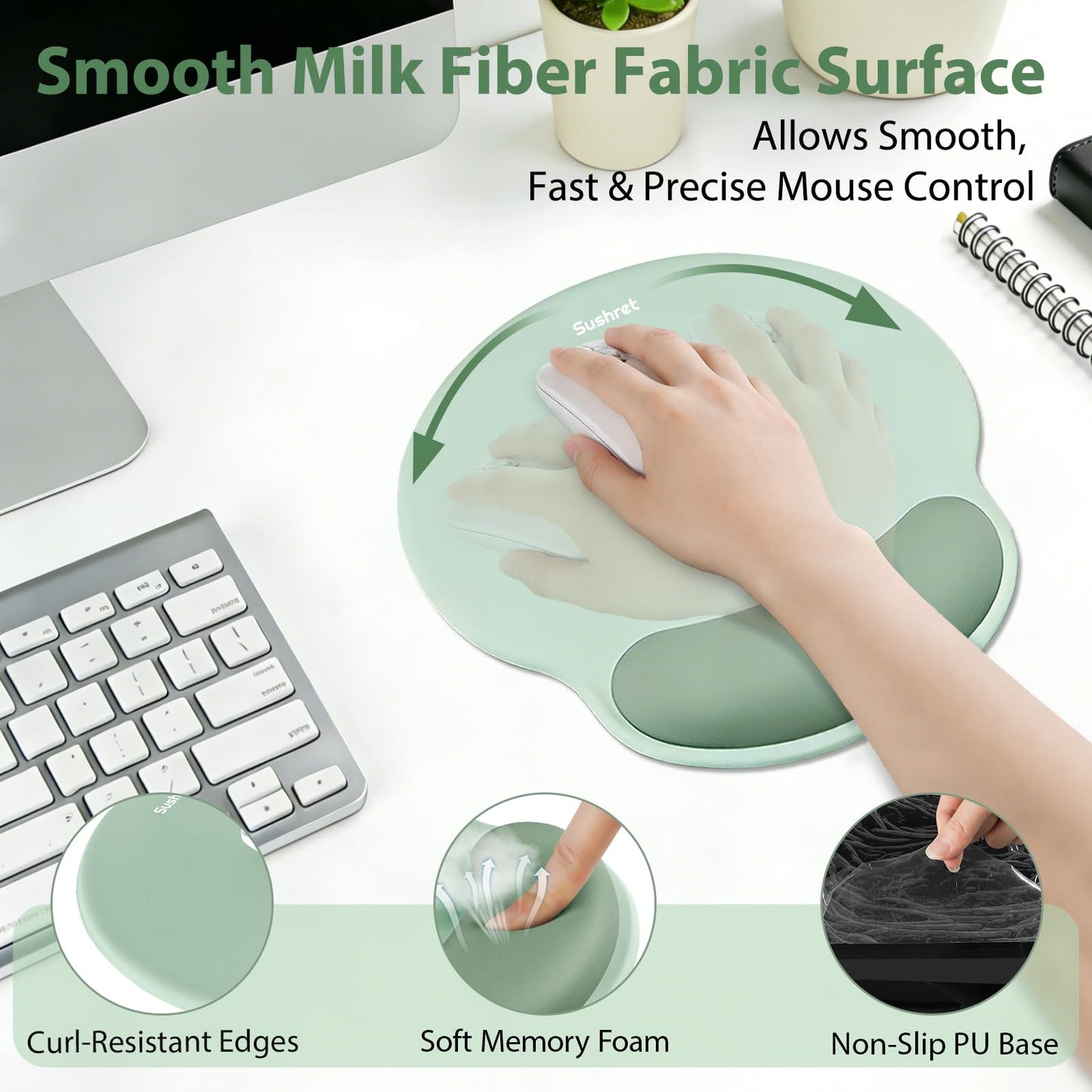 Sushret Mouse Pad and Keyboard Wrist Rest, 3-in-1 Gel Memory Foam Ergonomic Mouse Pad with Wrist Rest Set,Gaming Mousepad Arm Cushion Support for Computer Office Desk Accessories Cute Setup,Sage Green