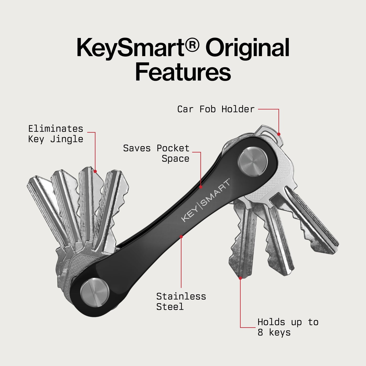 KeySmart Original Key Holder - Compact Key Organizer for Key Chain, Minimalist Clutter-Free EDC Keychains Key Ring, Black, 8 Keys