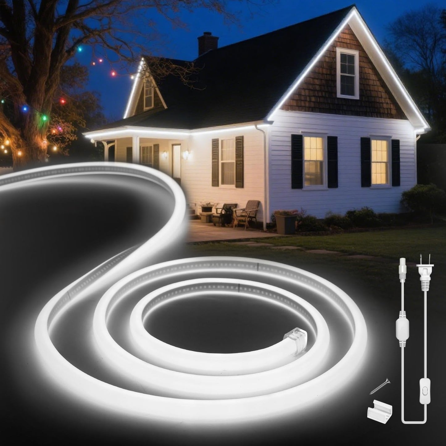 VOEWT LED Neon Lights Daylight White 6000K,98.4ft 110-120V LED Strip Lights,Flexible Outdoor Waterproof Neon Rope Lights for Bedroom,Cabinet,Kitchen,Living Room,Mirror,Halloween Decor