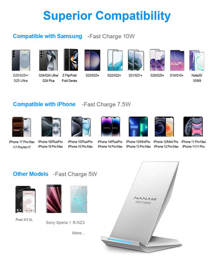 Fast Wireless Charger, NANAMI 15W Qi Certified Wireless Charging Stand Compatible iPhone 17/17 Air/16/15/15 Pro/15 Plus/15 Pro Max/14/13/12, for Samsung Galaxy S25/S24/S23/S22/S21 and Qi-Enabled Phone