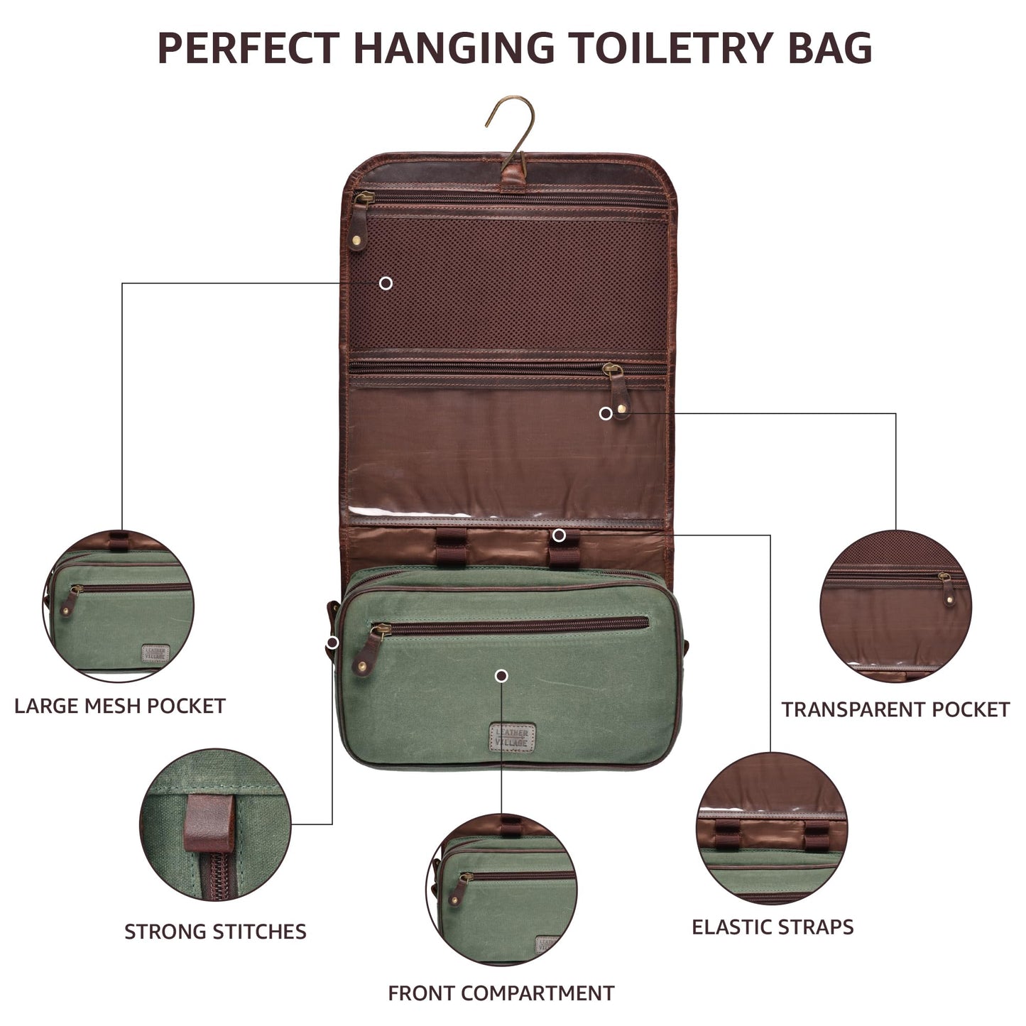 LEATHER VILLAGE Hanging Genuine Leather Toiletry Bag for Men & Women with Waterproof Lining – Handcrafted Vintage Travel Dopp Kit, Shaving Organizer & Shower Bathroom Essentials Case - Cherry