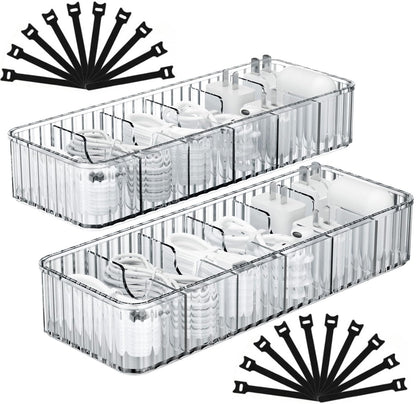 Tamomic Cable Storage Boxes Organizers 2 Pack,Cord Charger Storage Organizer Box Case with 20pcs Cable Ties,Stackable,Clear