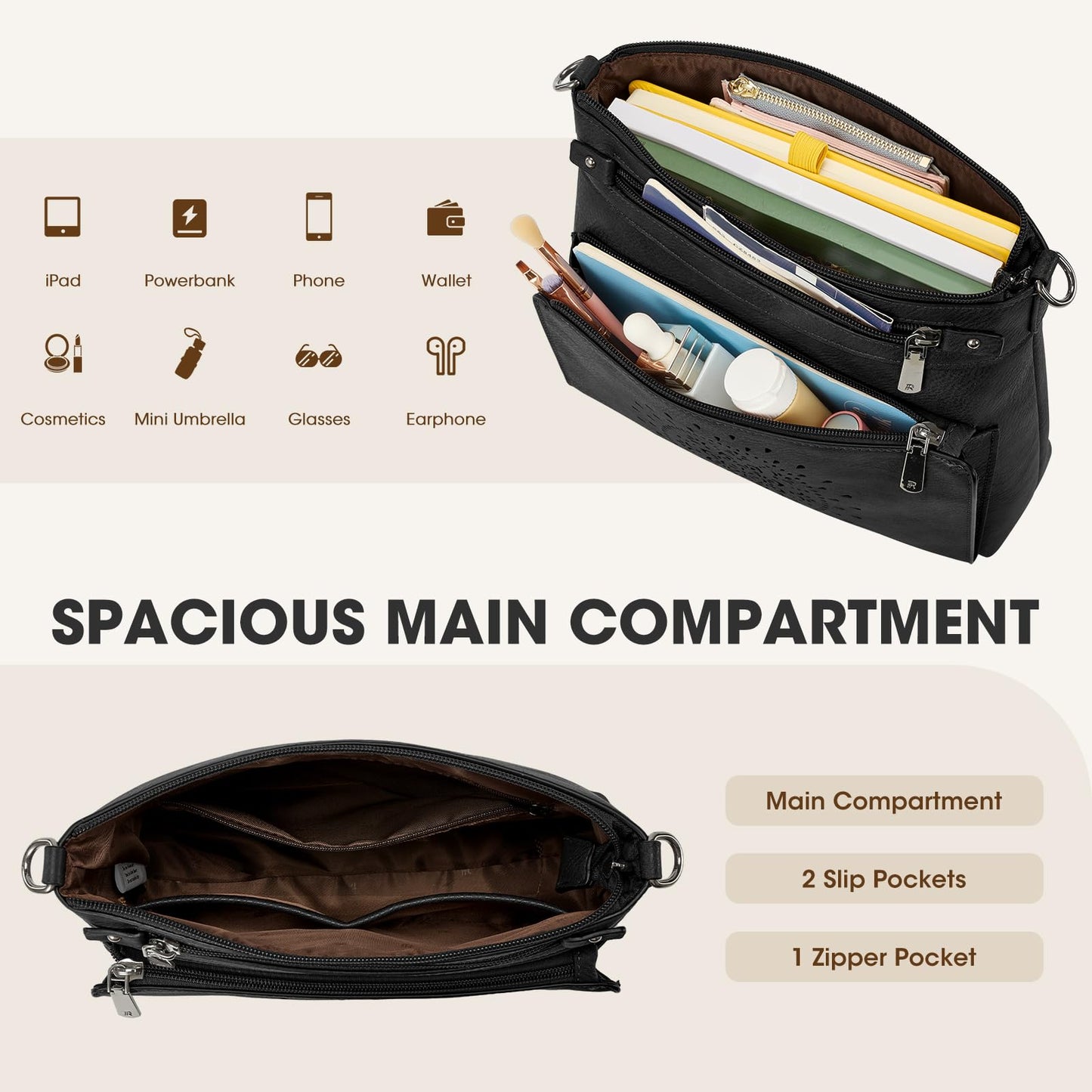 RAINSMORE Crossbody Bags for Women Leather Medium Crossbody Purse with Card Slots & Adjustable Strap Water-Resistant Womens Shoulder Handbag for Work Travel, Black