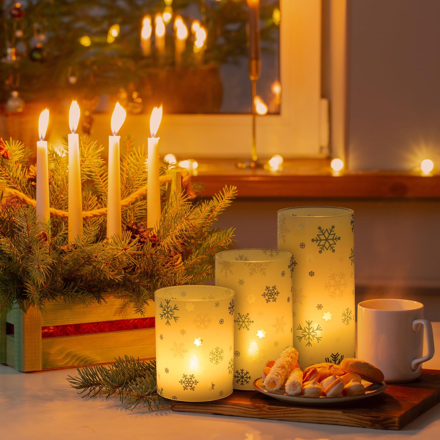 Baquler 3 Set Snowflake Flameless Candles Christmas Winter Themed Lampshade with LED Tea Lights Silver and Blue Snowflake Candle Decorations for Xmas Winter Tabletop Fireplace Home Decor