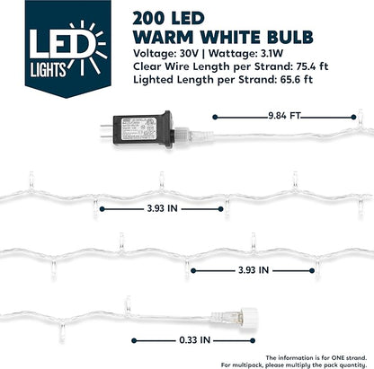 JOYIN 66FT Connectable Christmas String Lights Clear Wire, 8 Modes 200 LED Twinkle Fairy Lights for Indoor Outdoor, Christmas Tree, Classroom, Bedroom, Yard, Patio, Party Decor (Warm White)