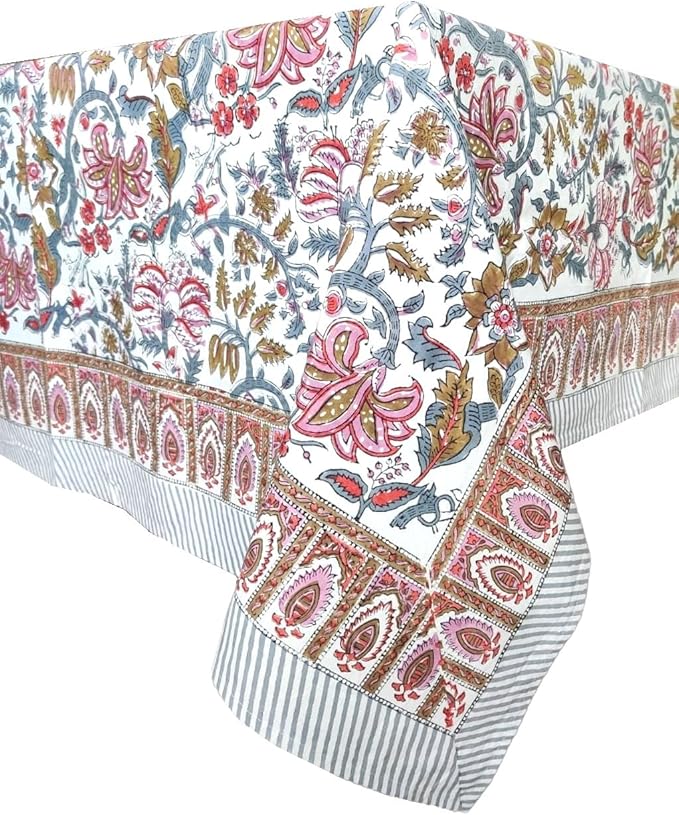 ATOSII Eden 100% Cotton Fall Tablecloth, Handblock Floral Print Rectangle Linen for Kitchen Dining I Parties Wedding Christmas Thanksgiving Outdoors I Spring Summer 60 X 108 Inches I 8 Seater Table