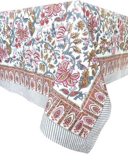 ATOSII Eden 100% Cotton Fall Tablecloth, Handblock Floral Print Rectangle Linen for Kitchen Dining I Parties Wedding Christmas Thanksgiving Outdoors I Spring Summer 60 X 108 Inches I 8 Seater Table