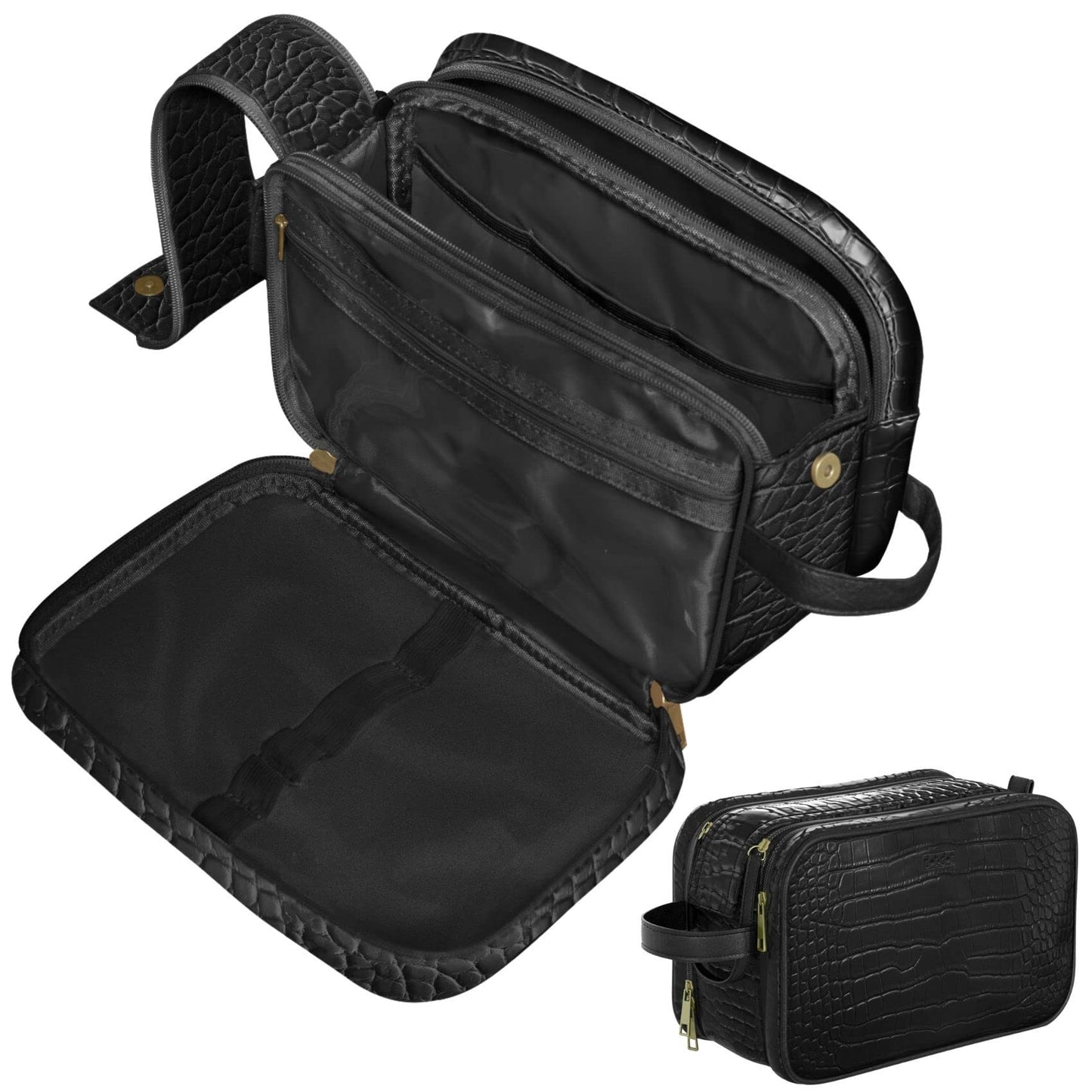 Dot&Dot Leather Toiletry Bag for Men Women - Spacious Womens Mens Toiletry Travel Toiletries Bags (Black Croc)