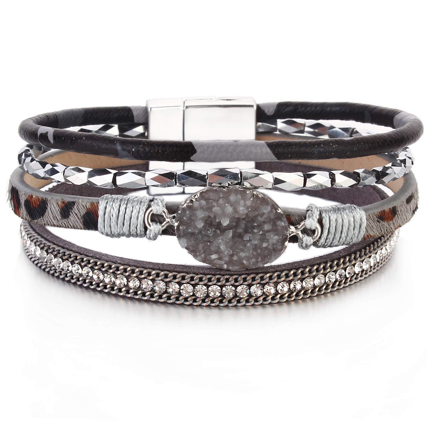 FANCY SHINY Boho Leather Wrap Bracelet Stackable Chunky Crystal Cuff Bracelets with Magnetic Clasp Cowboy Cowgirl Western Summer Beach Outfits Jewelry Gifts for Women (7.7", Grey Leopard)