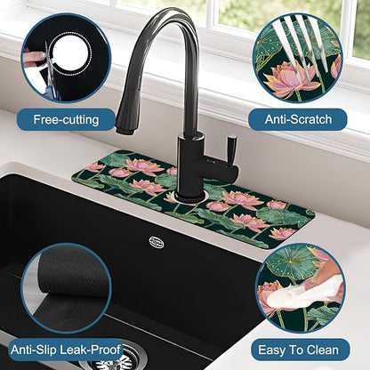 Lotus Pond Pattern Sink Splash Guard Faucet Mat Lotus Flowers Leaves Super