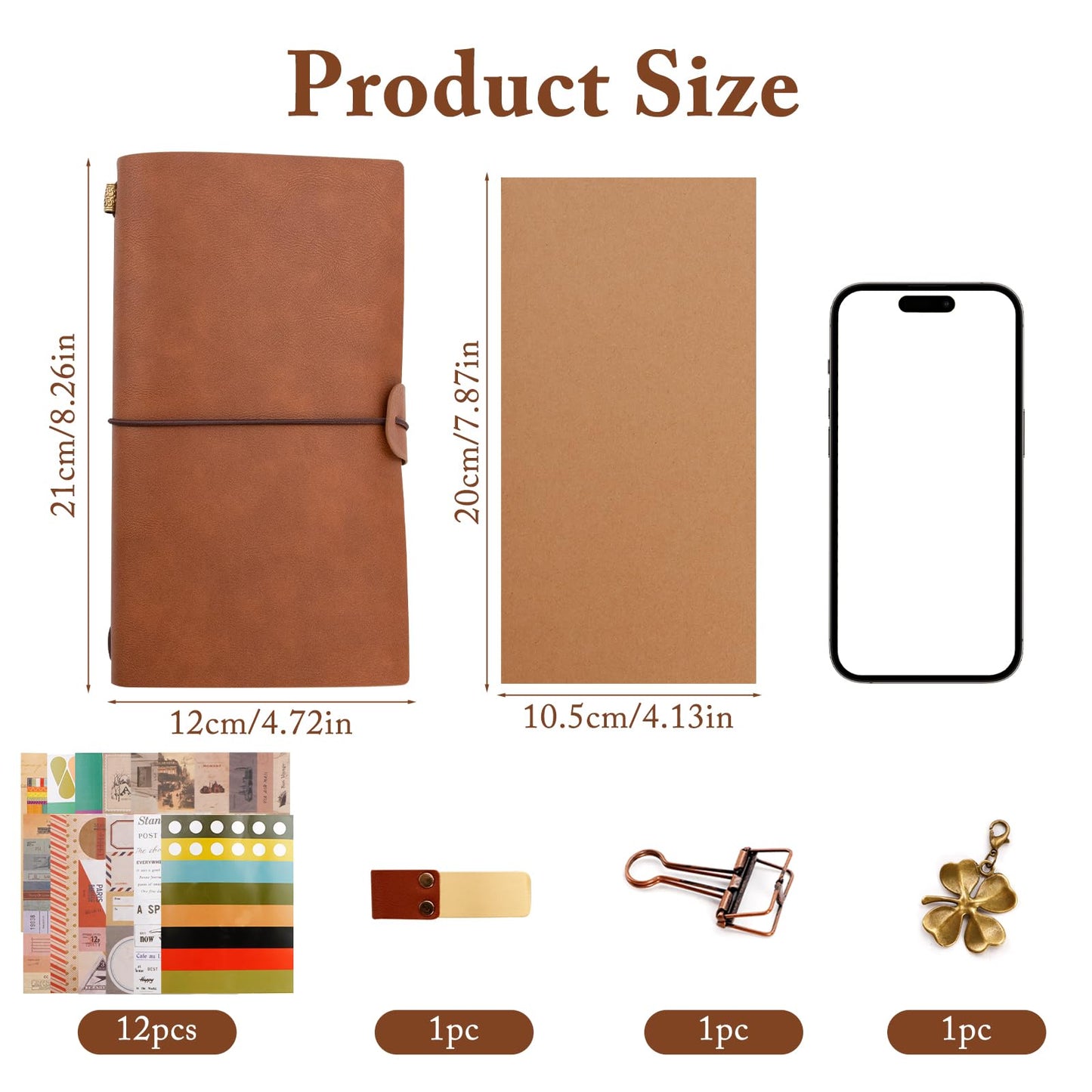 BEIZMHBO Refillable Travelers Notebook with Pockets, Handmade Travel Diary with Pen Holder & Vintage Stickers, Brown Leather Journal with 4 Notebook Inserts for Men Women Traveler Writing, 8.3" x 4.7"