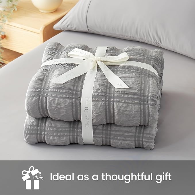 Cozy Bliss Cooling Comforter King Size Seersucker Plaid, Q-Max 0.4 Reversible Lightweight Cooling Blanket, Breathable Silk Smooth Summer Bedding Quilt for Hot Sleepers Night Sweats Dark Grey