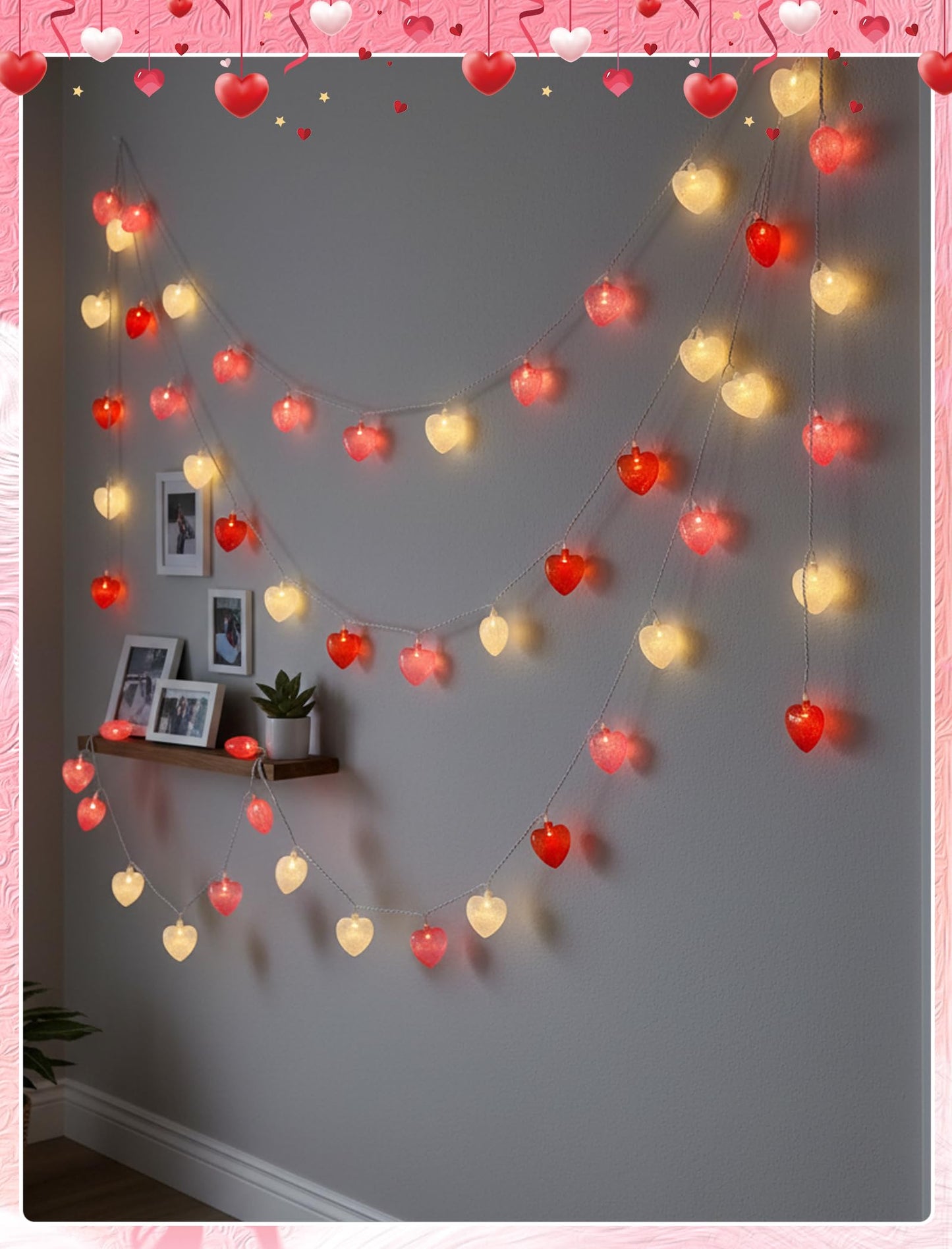 8.5ft Valentine’s Day Heart String Lights Plug in, Valentines Lights with 10 LED Red Pink White Shatterproof Bulbs, Fairy Lights for Indoor Outdoor Home Decor Wedding Party Birthday, Warm White
