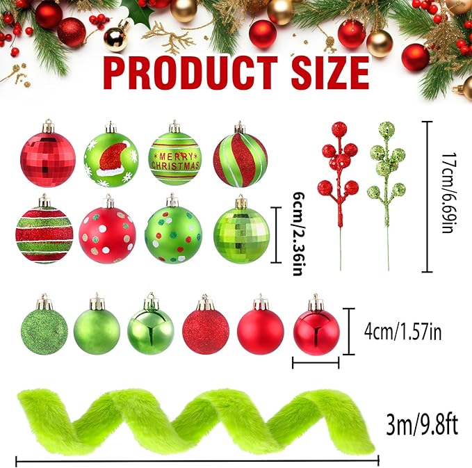 57pcs Christmas Balls with Green Fur Plastic Christmas Baubles for Tree Decoration Red Green Glittering Hanging Xmas Balls with Swirl Candy Cane for Home Holiday Party Indoor Decor
