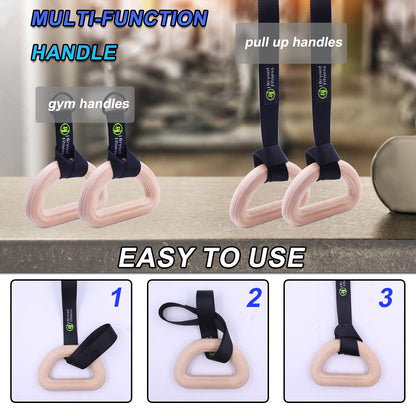 J Bryant Fitness Wooden Gymnastic Rings - Pull Up Grips & LAT Pull Down Gym Handles Design, Sturdy Webbing Straps with D-Rings, Pilates, Strength Training, and Portable Fitness - Includes Carry Bag
