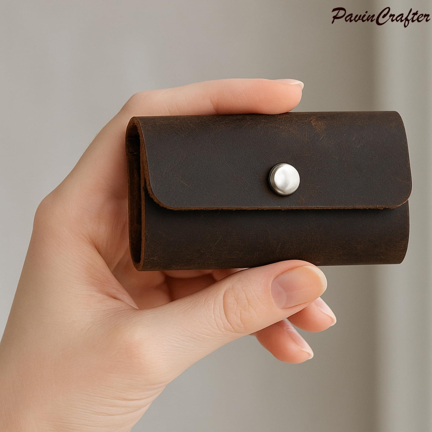 PavinCrafter Leather Key Sleeve – Brown Genuine Leather Key Holder with 6 Ring Slots & Button Closure – Compact Key Organizer for Men & Women