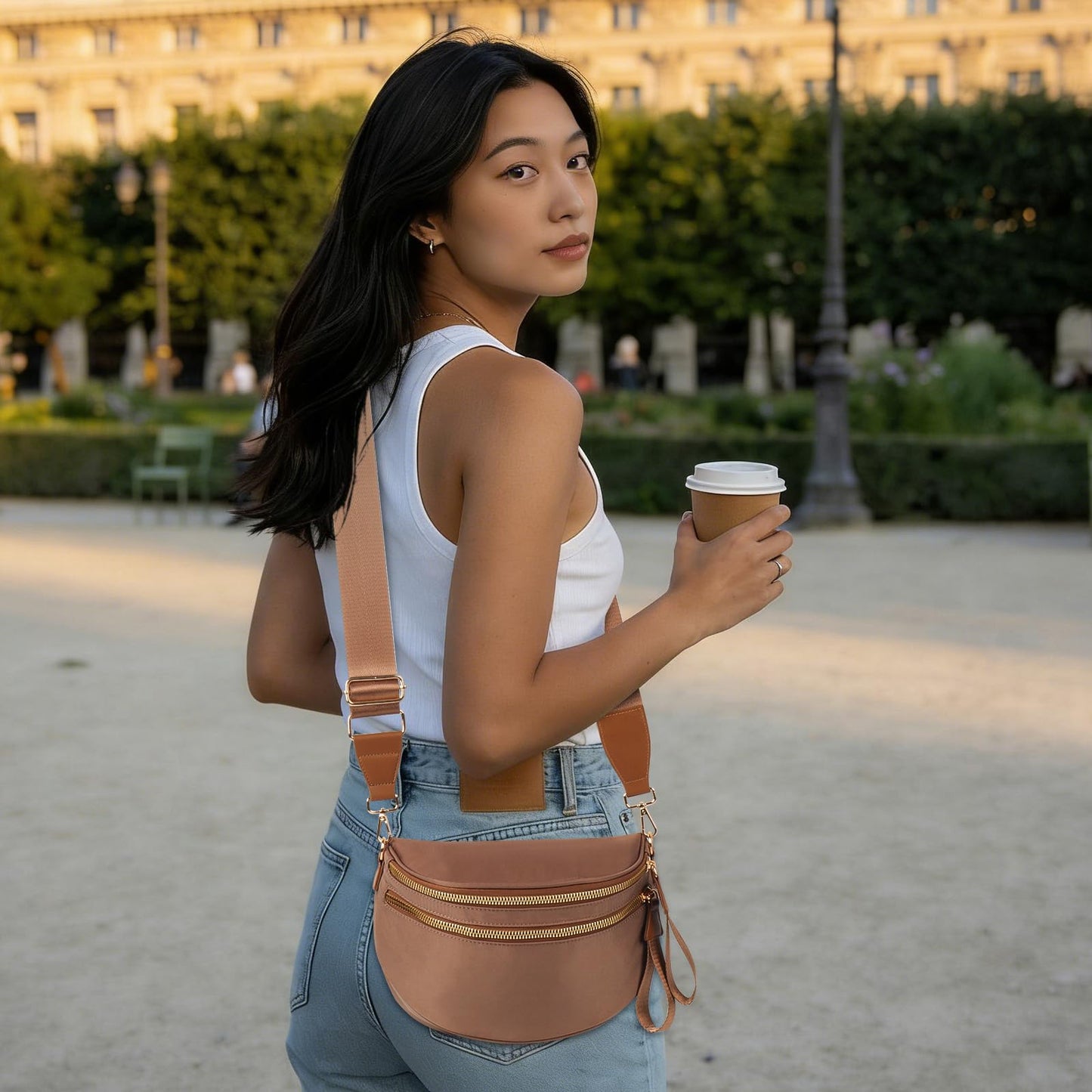 Crossbody Bags for Women Cross Body Purse Bum Bag Large Fanny Waist Pack with Adjustable Strap Caramel Brown
