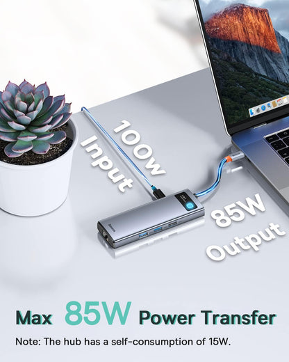 Baseus Laptop Docking Station Dual Monitor 4K@120Hz, 9 in 1 USB C Hub with 2 HDMI, 1000Mbps LAN, Max 85W PD, 3 USB, SD Card Reader, USB C Dock Compatible with iPhone 15/Mac/Dell/HP/Surface/Steam Deck