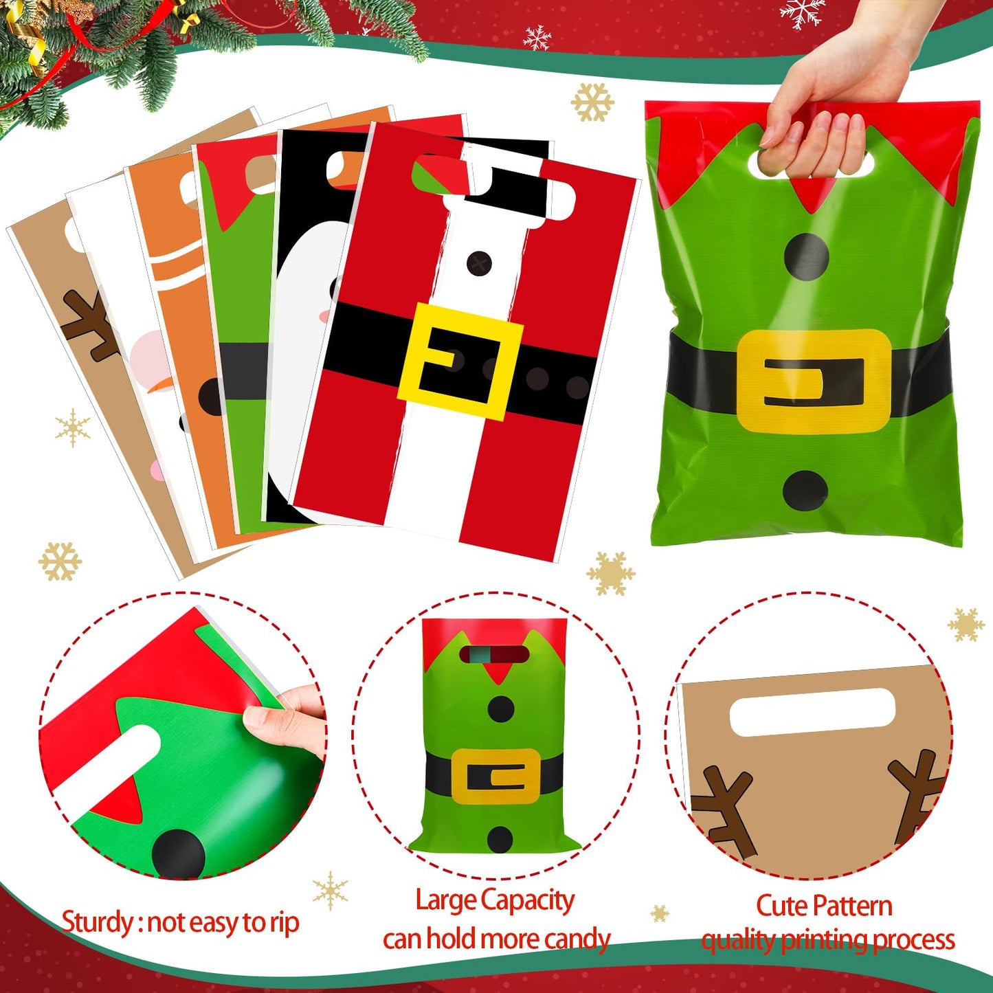 Sinmoe 200 Pcs Plastic Christmas Bags Bulk Christmas Merchandise Gift Bag with Handle 9" x 12" Reusable Xmas Goodie Treat Pouch for Candy Retail Shopping Business Party(Mix Color,Cartoon)