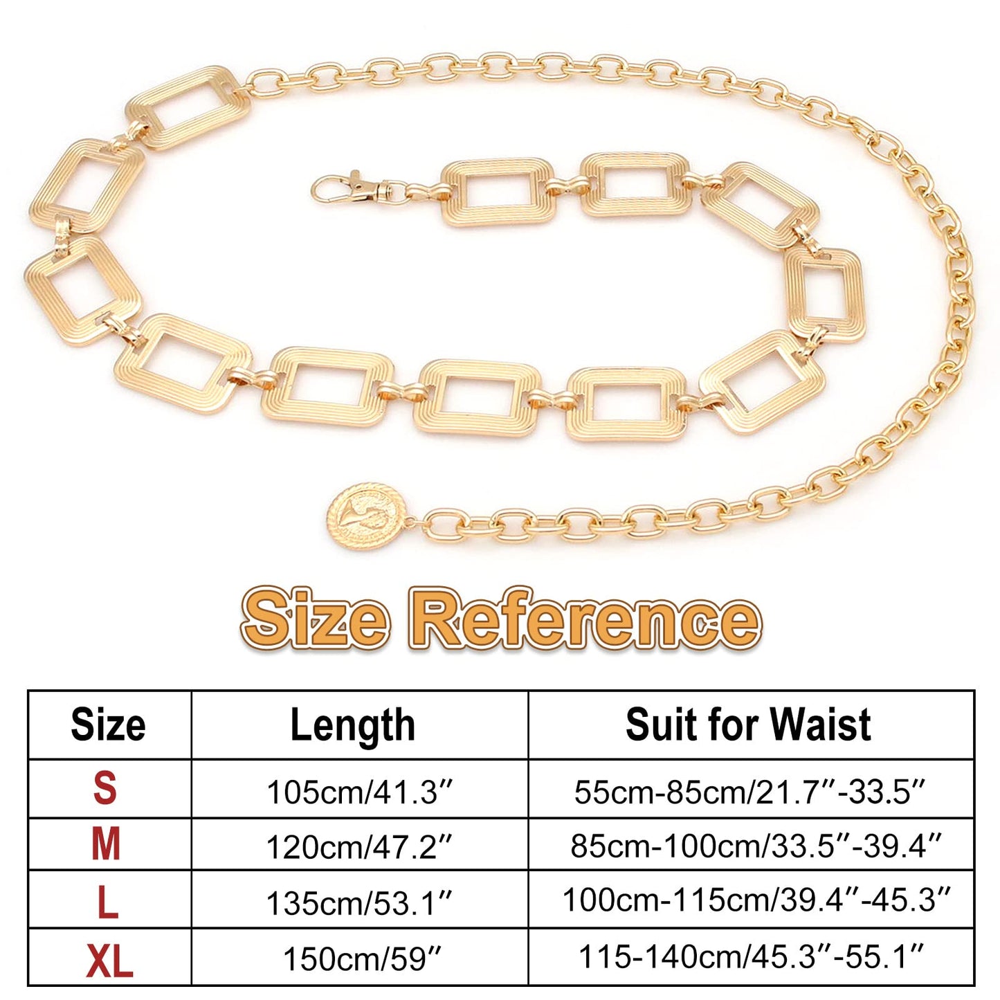 HIQUACC Women's Metal Waist Chain Chunky Body Jewelry Belly Link Belt (Square Gold-L)