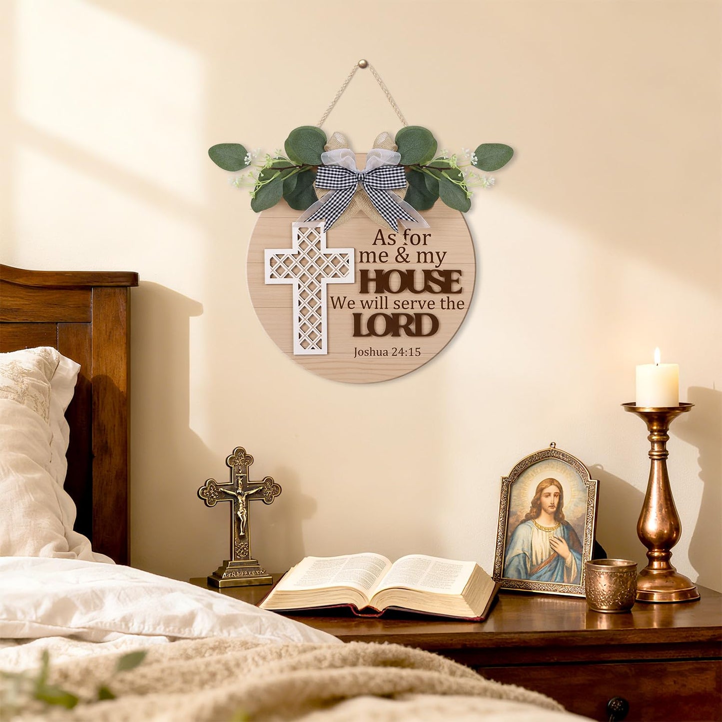 TOARTi Christian Cross Front Door Sign Wreath (11.4"x11.4"), Bible Verse Joshua 24:15 We Will Serve The Lord Wall Sign Hanging, Religious Home Wooden Door Decoration for Housewarming