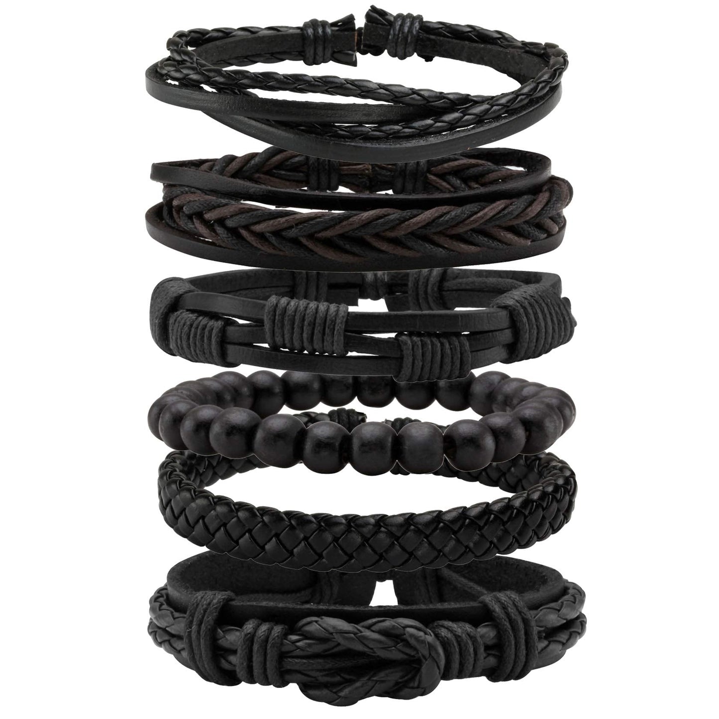 MILAKOO 6 Pcs Black Braided Leather Bracelets for Men Women Cuff Wrap Wristbands