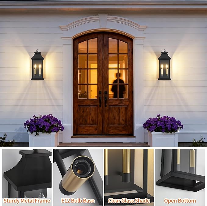 tewei 2-Light Black Outdoor Light Fixture, Porch Light Outdoor Wall Sconce Lantern, 22'' Exterior Lighting Fixture Wall Mount E12 Gold Base, Outside Light for House Backyard Garage, 1-Pack
